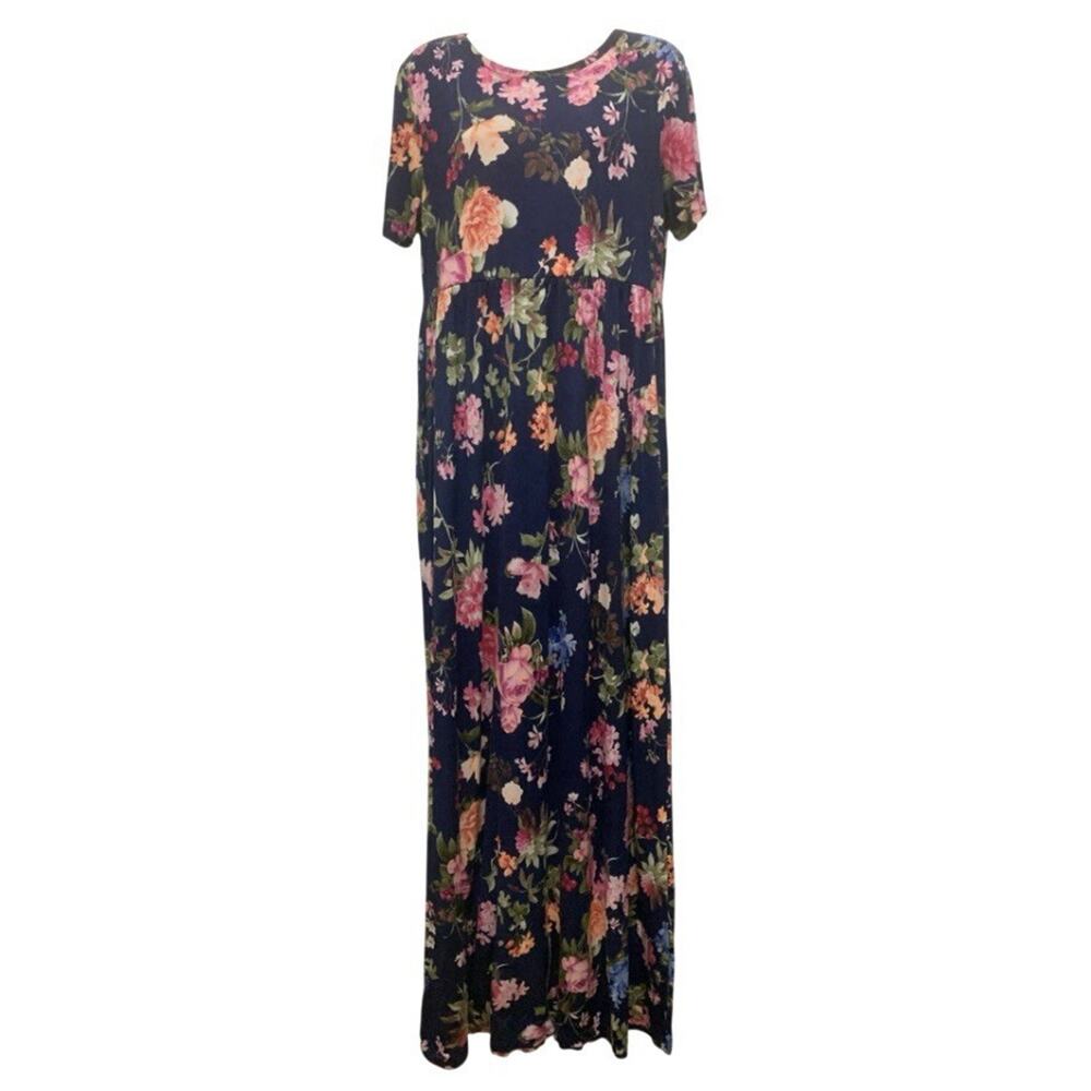 Filly Flair Floral Maxi Dress Womens XL Navy Blue Empire Waist Pockets USA